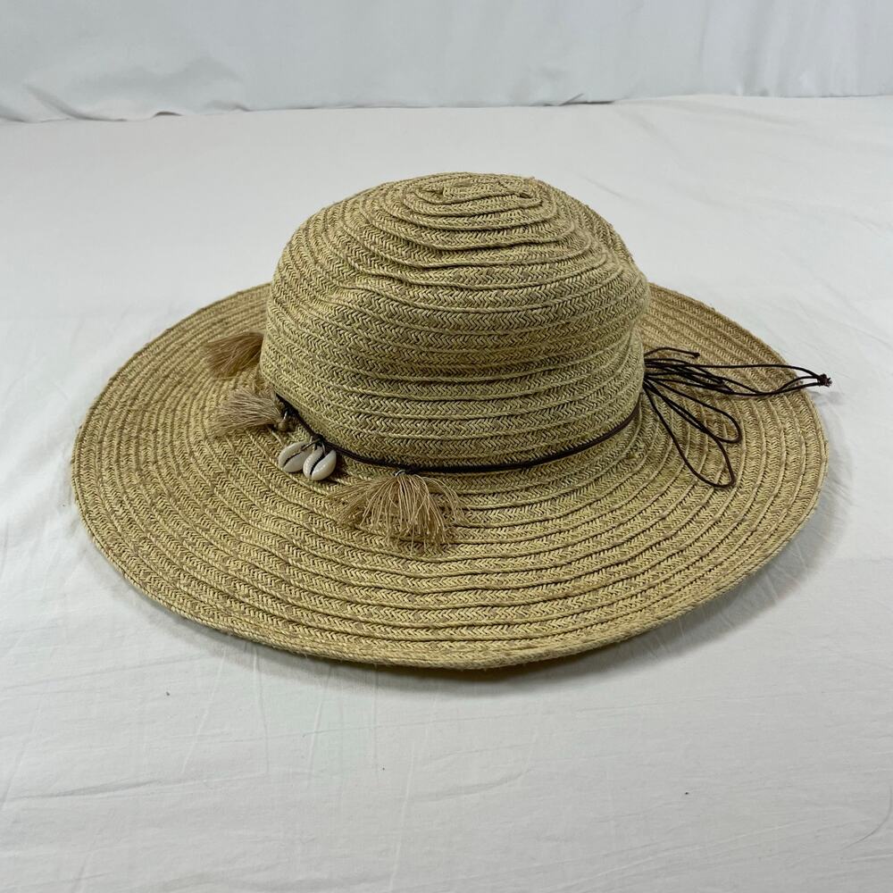 Panama Jack Shell Tassel Straw Sun Hat Tan Wide Brim Shells One Size Women